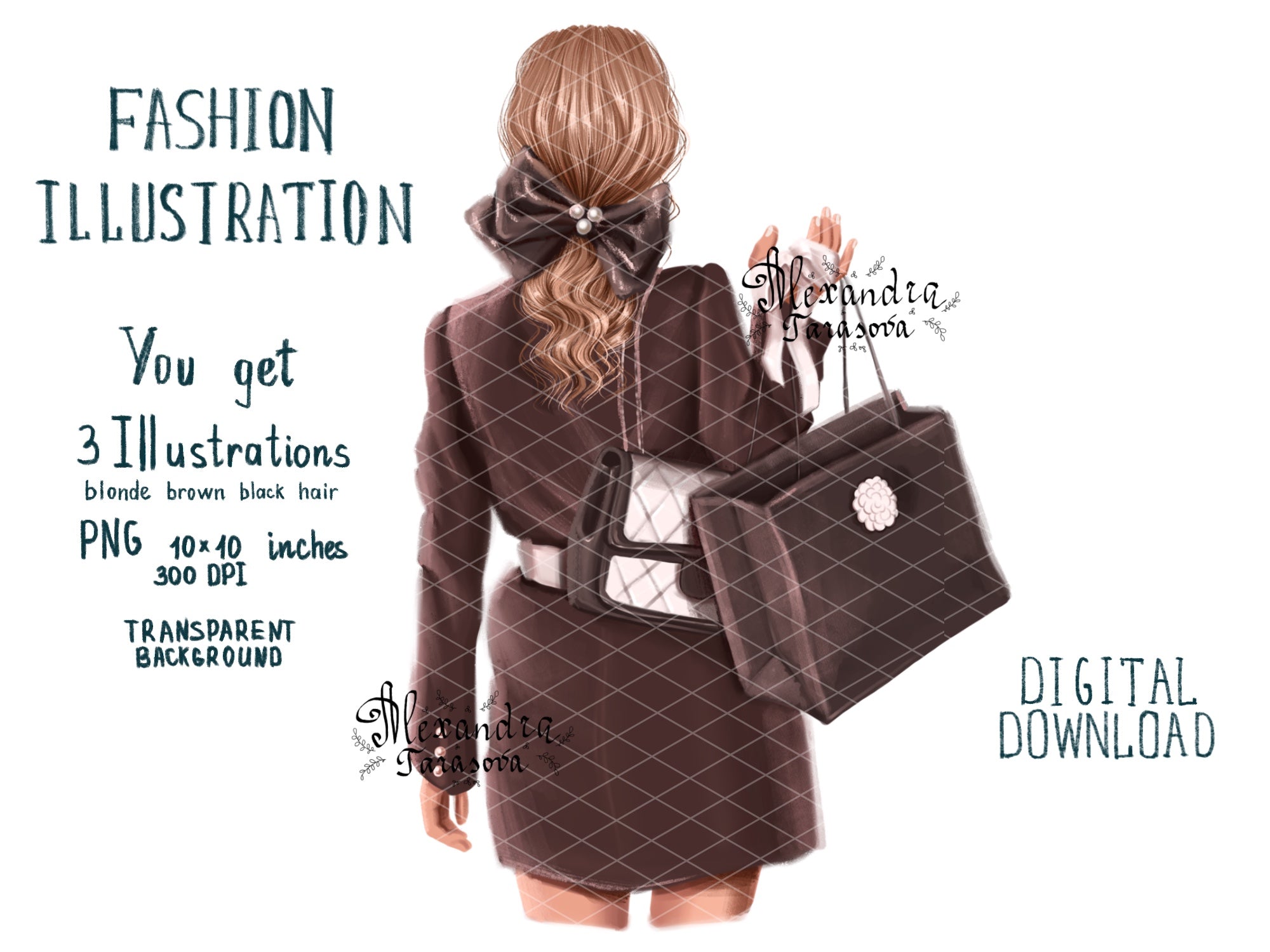 Digital Illustration Fashion Girl Trendy Hairstyles Ponytail Black Bow Black Boss Shopping Girl Printable Art