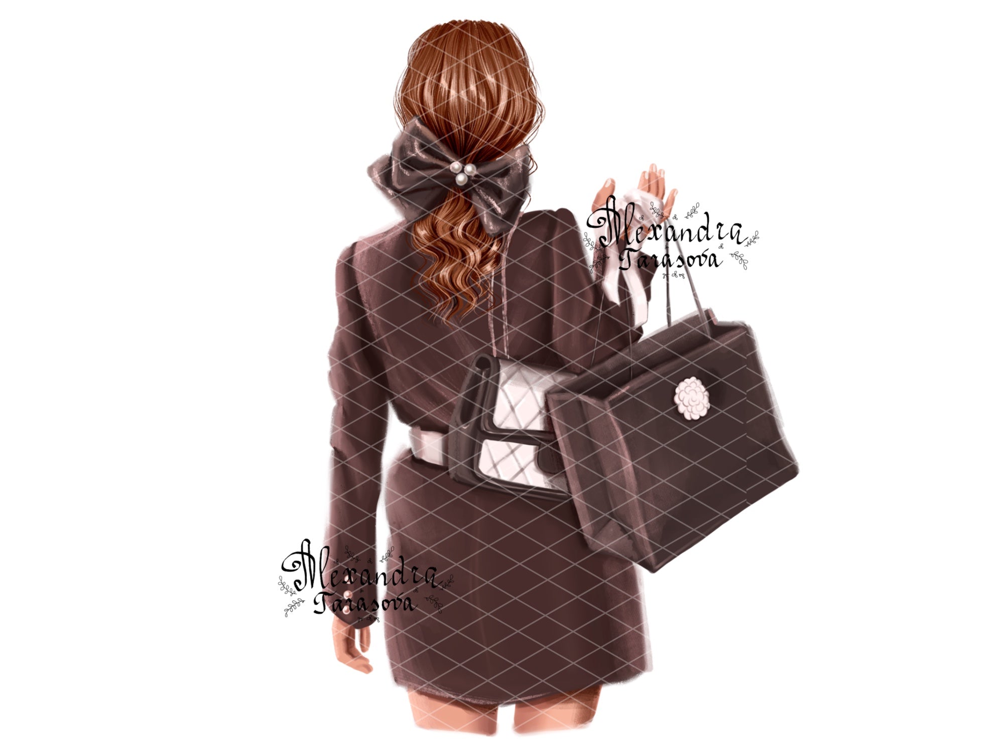 Digital Illustration Fashion Girl Trendy Hairstyles Ponytail Black Bow Black Boss Shopping Girl Printable Art