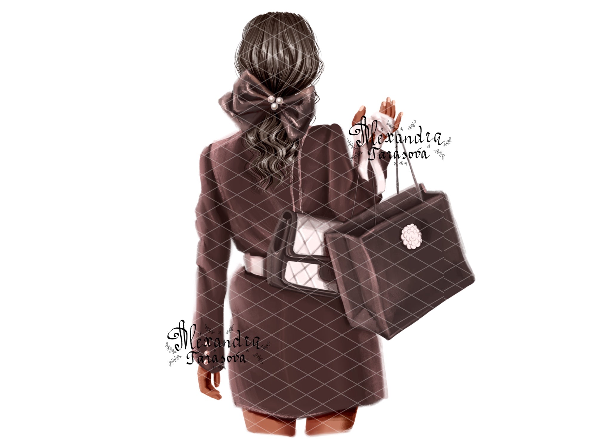 Digital Illustration Fashion Girl Trendy Hairstyles Ponytail Black Bow Black Boss Shopping Girl Printable Art