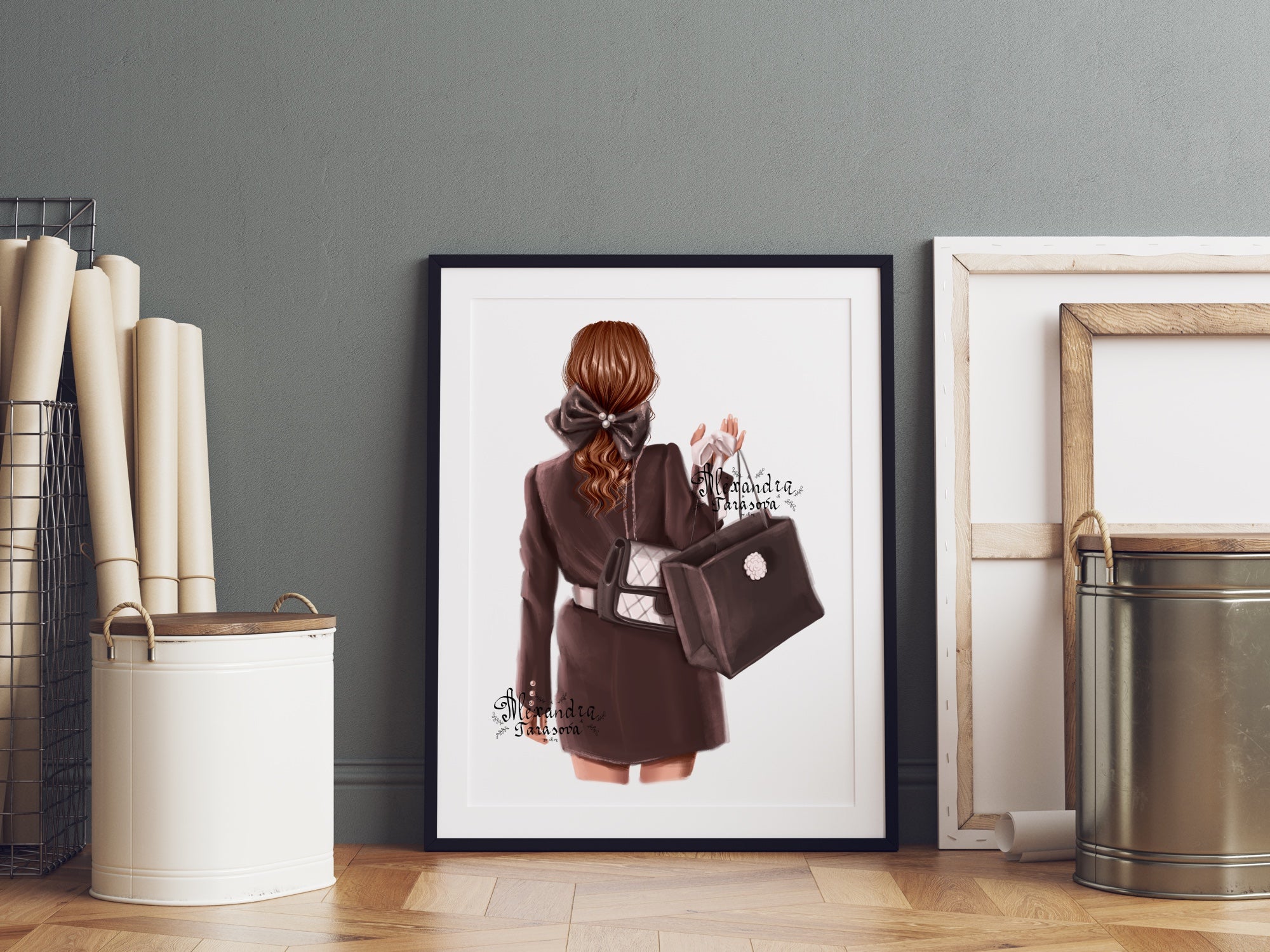 Digital Illustration Fashion Girl Trendy Hairstyles Ponytail Black Bow Black Boss Shopping Girl Printable Art