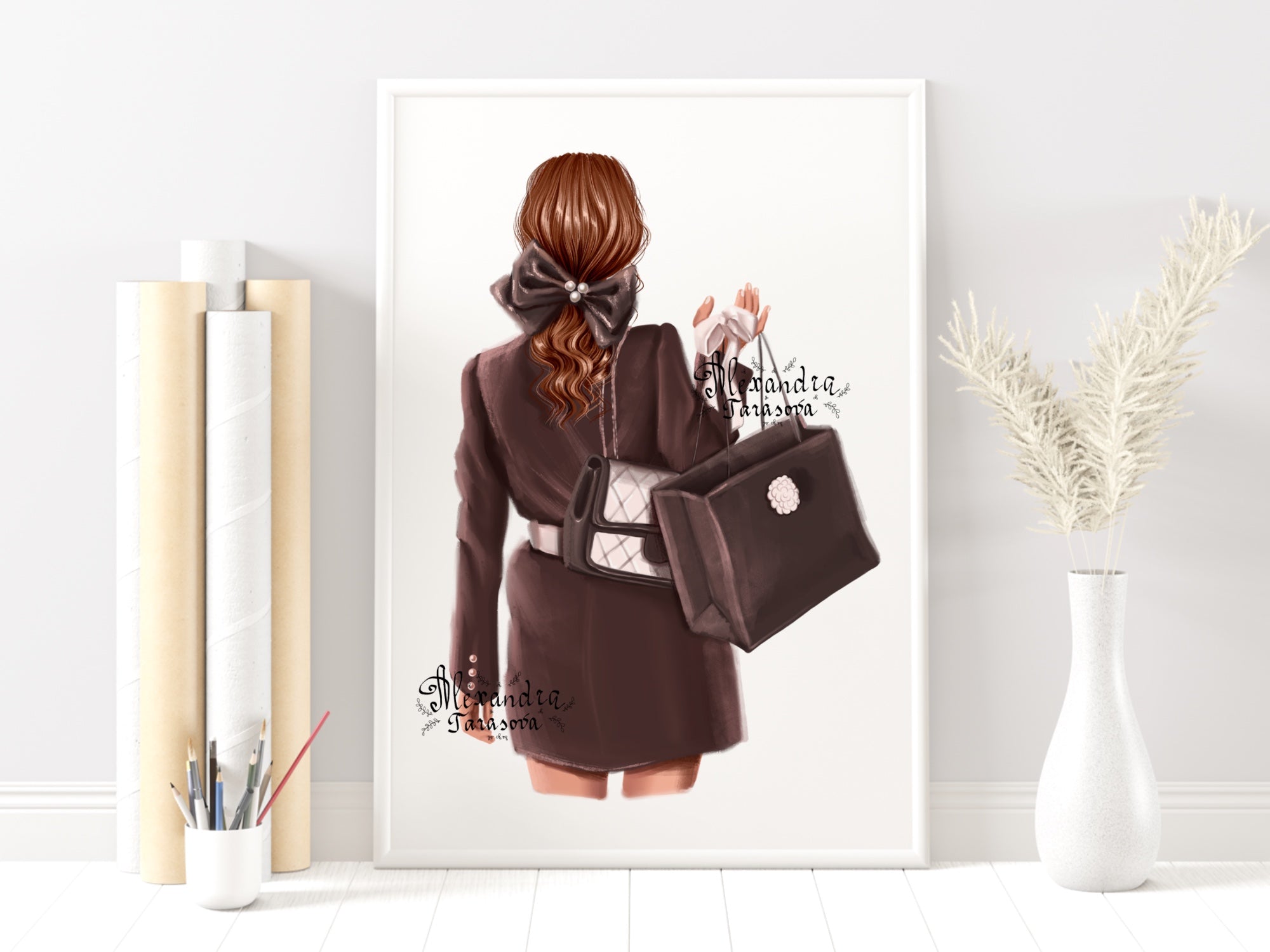 Digital Illustration Fashion Girl Trendy Hairstyles Ponytail Black Bow Black Boss Shopping Girl Printable Art