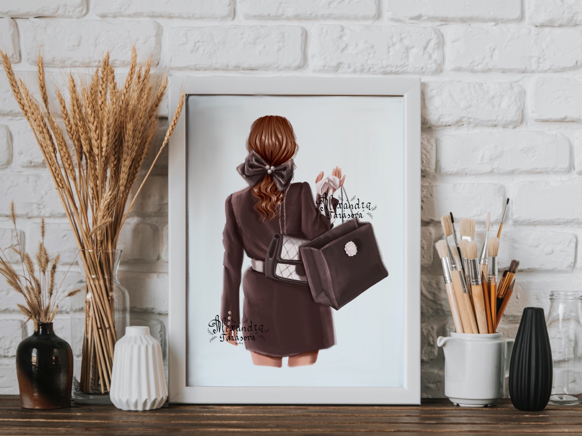 Digital Illustration Fashion Girl Trendy Hairstyles Ponytail Black Bow Black Boss Shopping Girl Printable Art