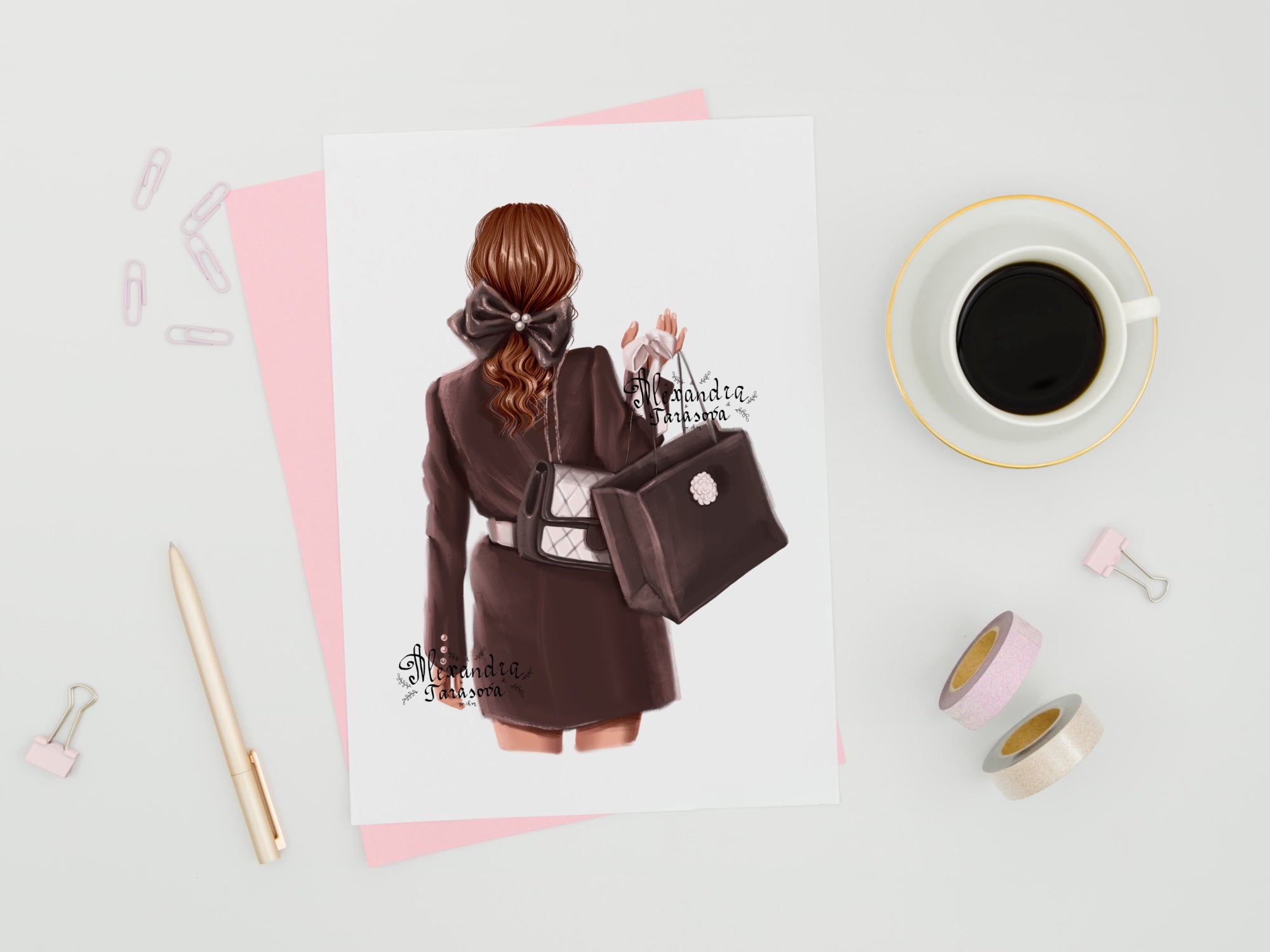 Digital Illustration Fashion Girl Trendy Hairstyles Ponytail Black Bow Black Boss Shopping Girl Printable Art