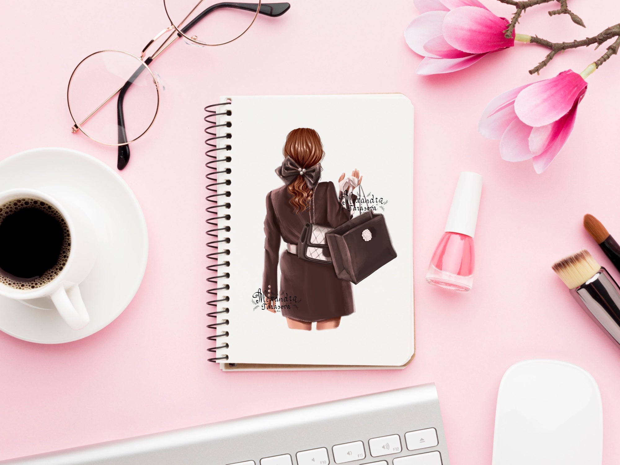 Digital Illustration Fashion Girl Trendy Hairstyles Ponytail Black Bow Black Boss Shopping Girl Printable Art
