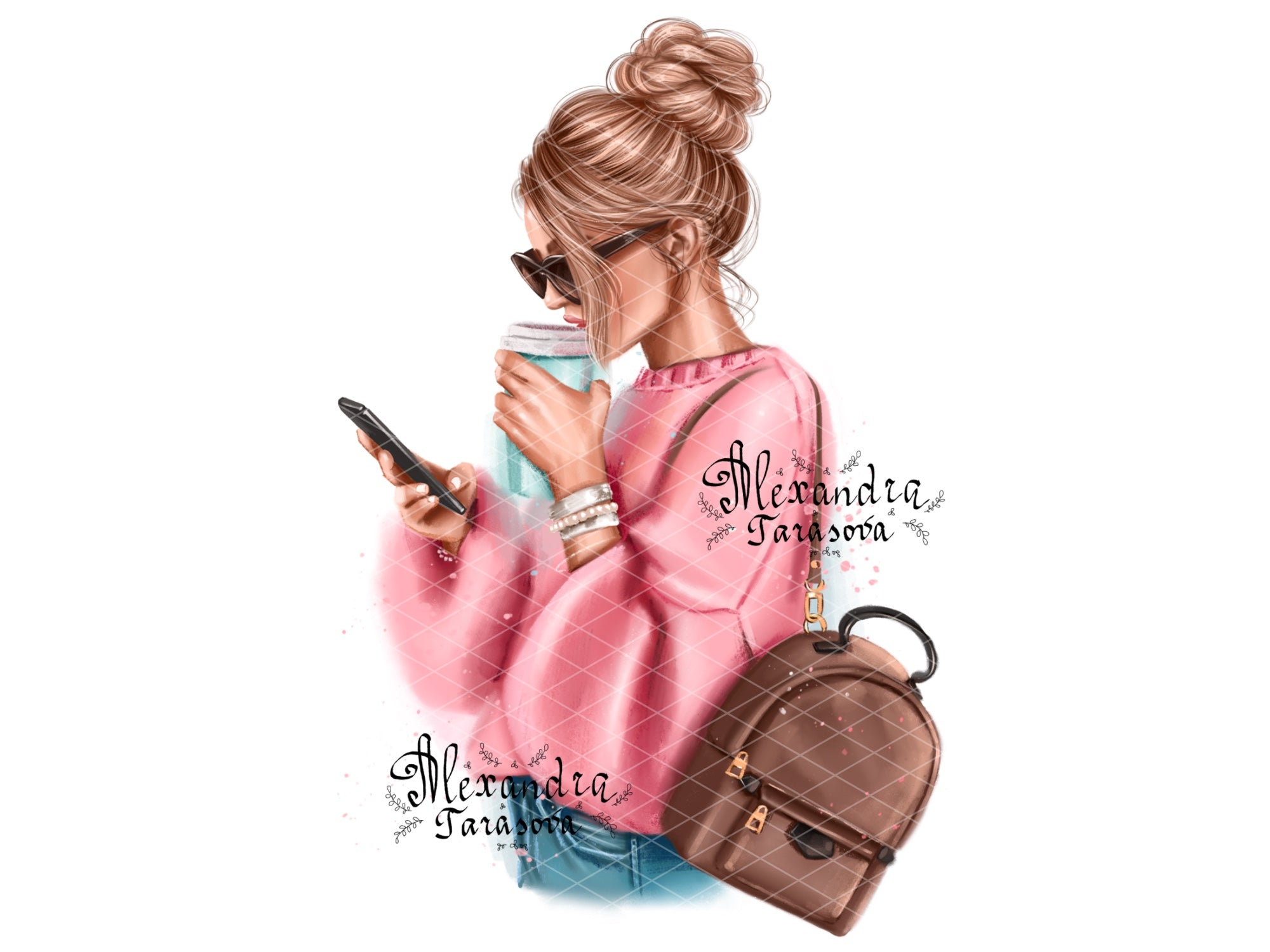 Digital Watercolor Illustration Fashion Girl Stylish Pink Sweater Coffee Cup Trendy Hairstyles Clipart Stickers