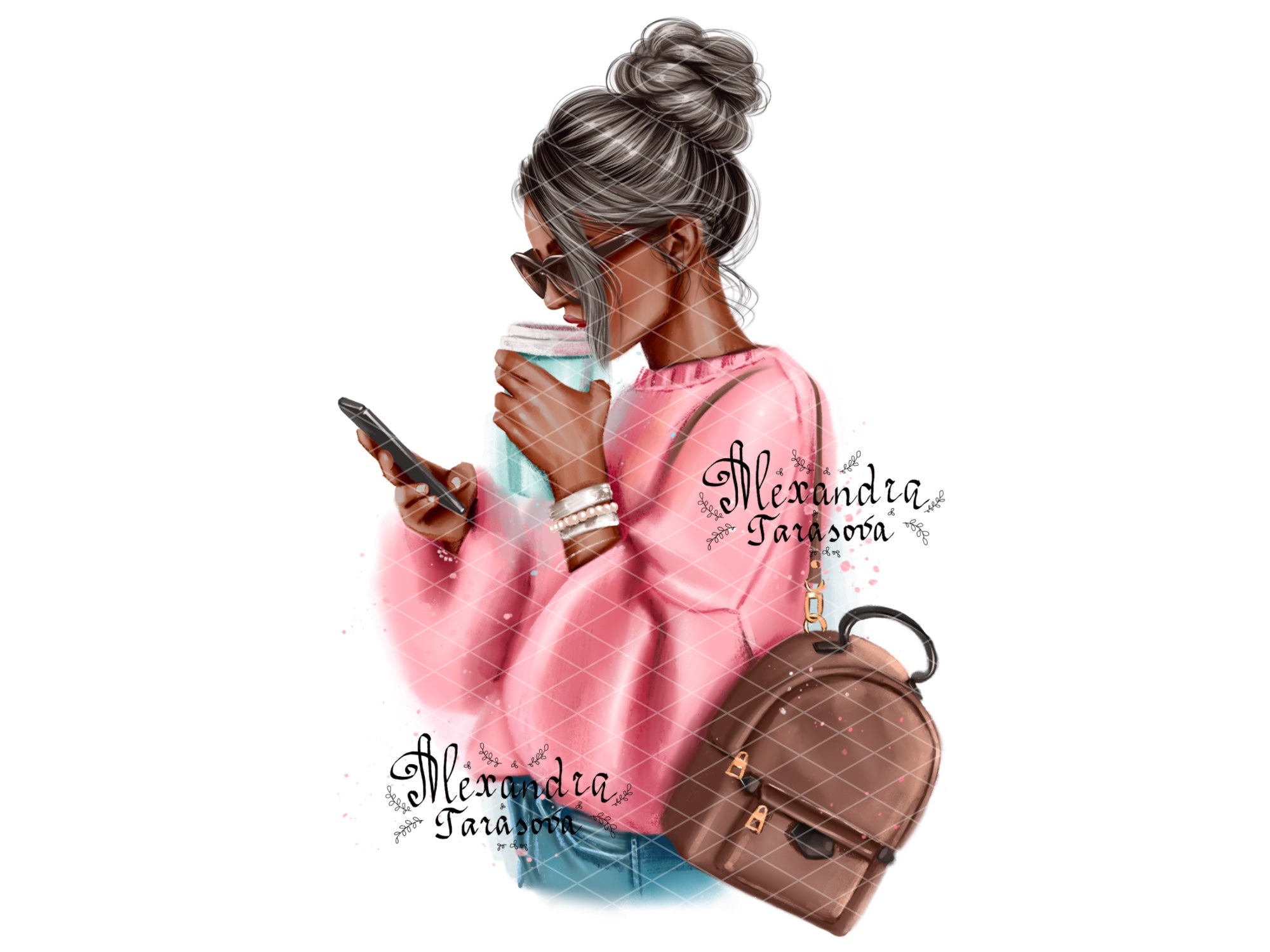 Digital Watercolor Illustration Fashion Girl Stylish Pink Sweater Coffee Cup Trendy Hairstyles Clipart Stickers