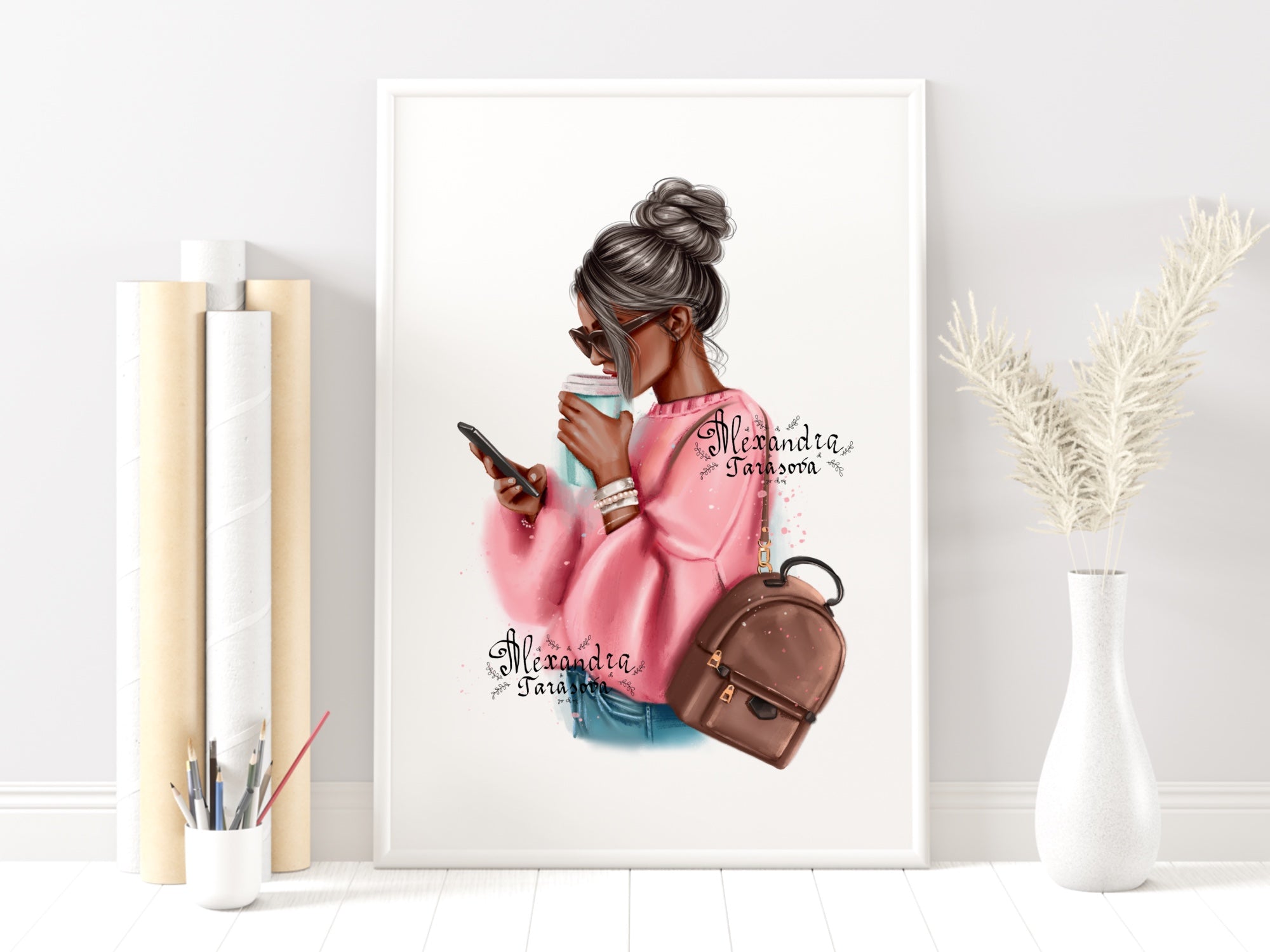 Digital Watercolor Illustration Fashion Girl Stylish Pink Sweater Coffee Cup Trendy Hairstyles Clipart Stickers
