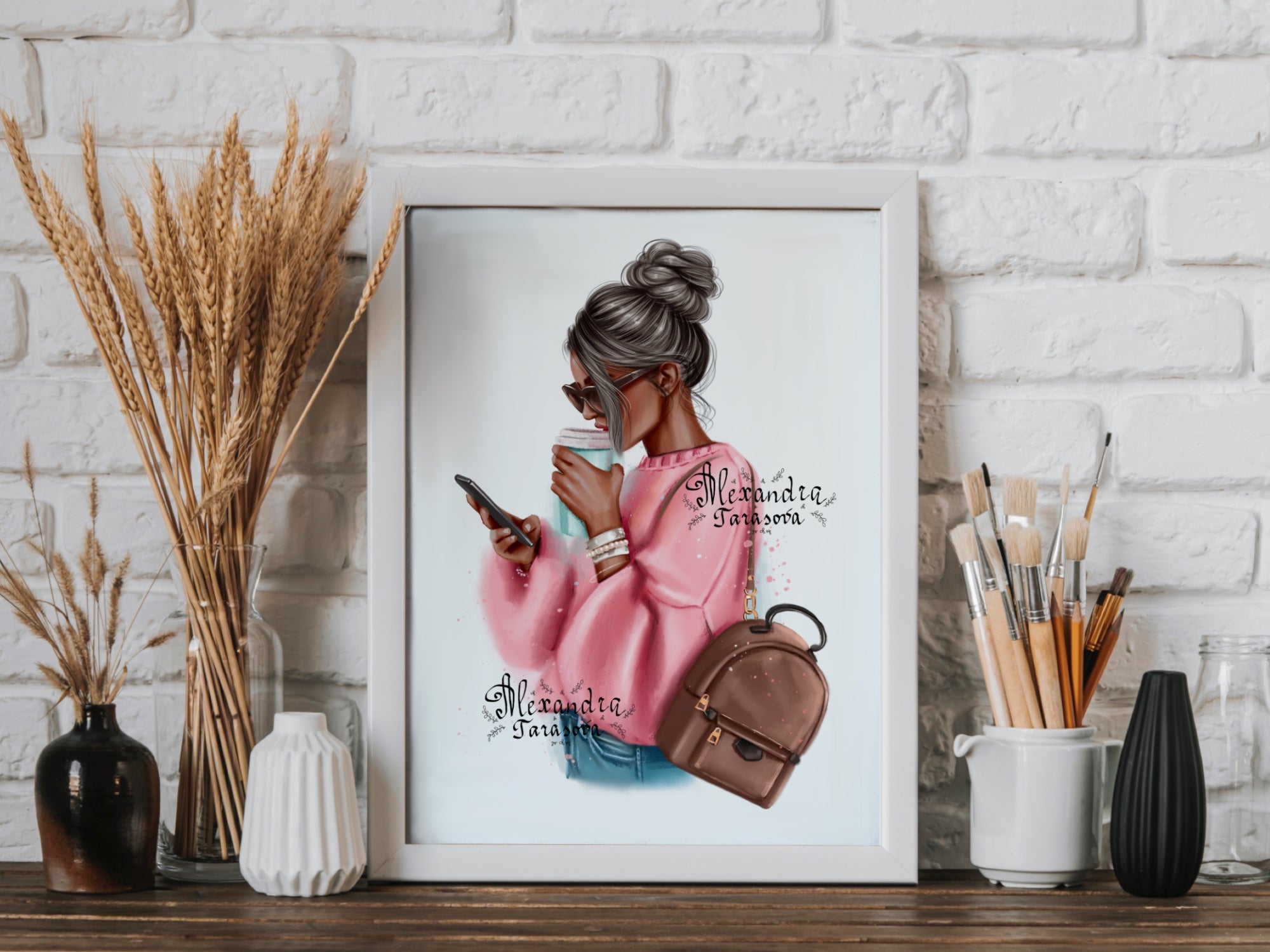 Digital Watercolor Illustration Fashion Girl Stylish Pink Sweater Coffee Cup Trendy Hairstyles Clipart Stickers