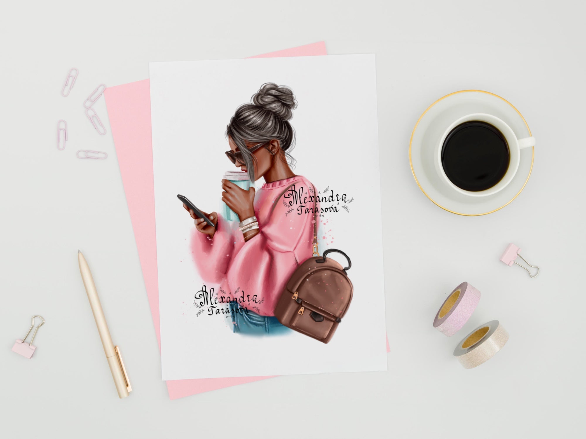 Digital Watercolor Illustration Fashion Girl Stylish Pink Sweater Coffee Cup Trendy Hairstyles Clipart Stickers