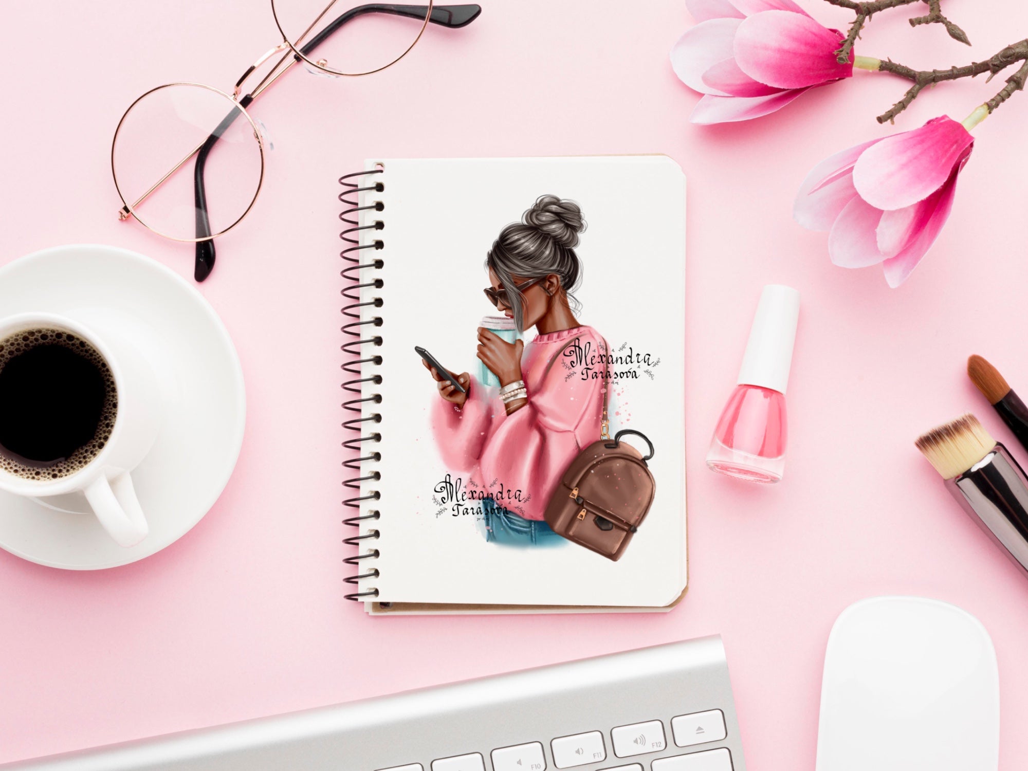 Digital Watercolor Illustration Fashion Girl Stylish Pink Sweater Coffee Cup Trendy Hairstyles Clipart Stickers