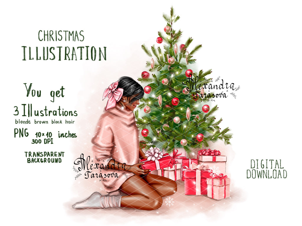 Digital Watercolor Illustration Fashion Girl Christmas Tree Winter New Year Gifts Trendy Hairstyles Bun Printable Art