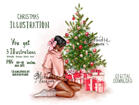 Digital Watercolor Illustration Fashion Girl Christmas Tree Winter New Year Gifts Trendy Hairstyles Bun Printable Art