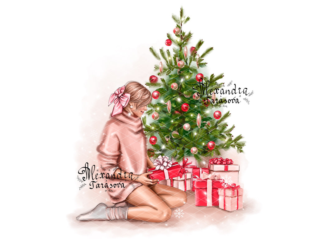 Digital Watercolor Illustration Fashion Girl Christmas Tree Winter New Year Gifts Trendy Hairstyles Bun Printable Art
