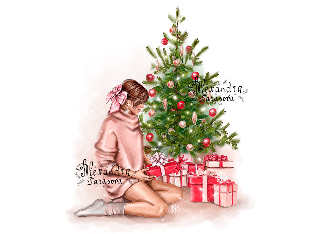 Digital Watercolor Illustration Fashion Girl Christmas Tree Winter New Year Gifts Trendy Hairstyles Bun Printable Art