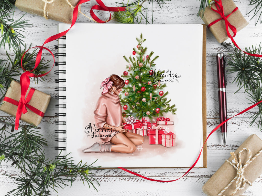 Digital Watercolor Illustration Fashion Girl Christmas Tree Winter New Year Gifts Trendy Hairstyles Bun Printable Art
