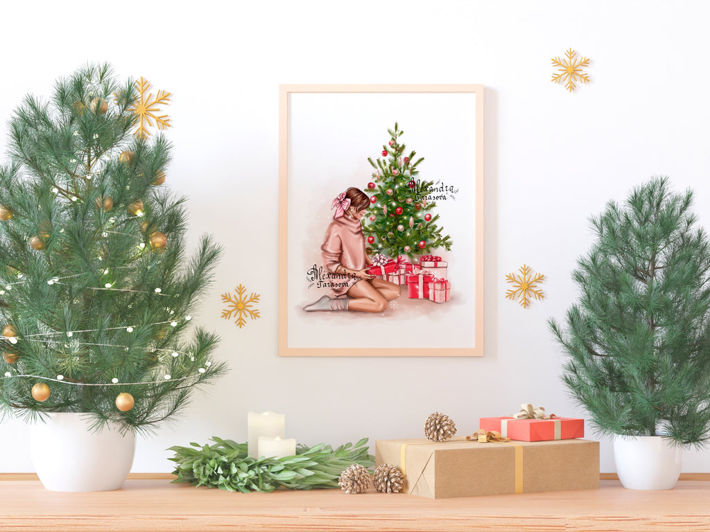 Digital Watercolor Illustration Fashion Girl Christmas Tree Winter New Year Gifts Trendy Hairstyles Bun Printable Art