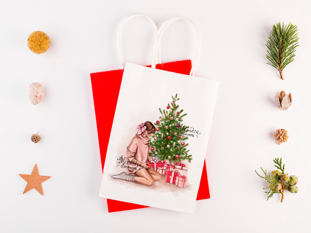 Digital Watercolor Illustration Fashion Girl Christmas Tree Winter New Year Gifts Trendy Hairstyles Bun Printable Art