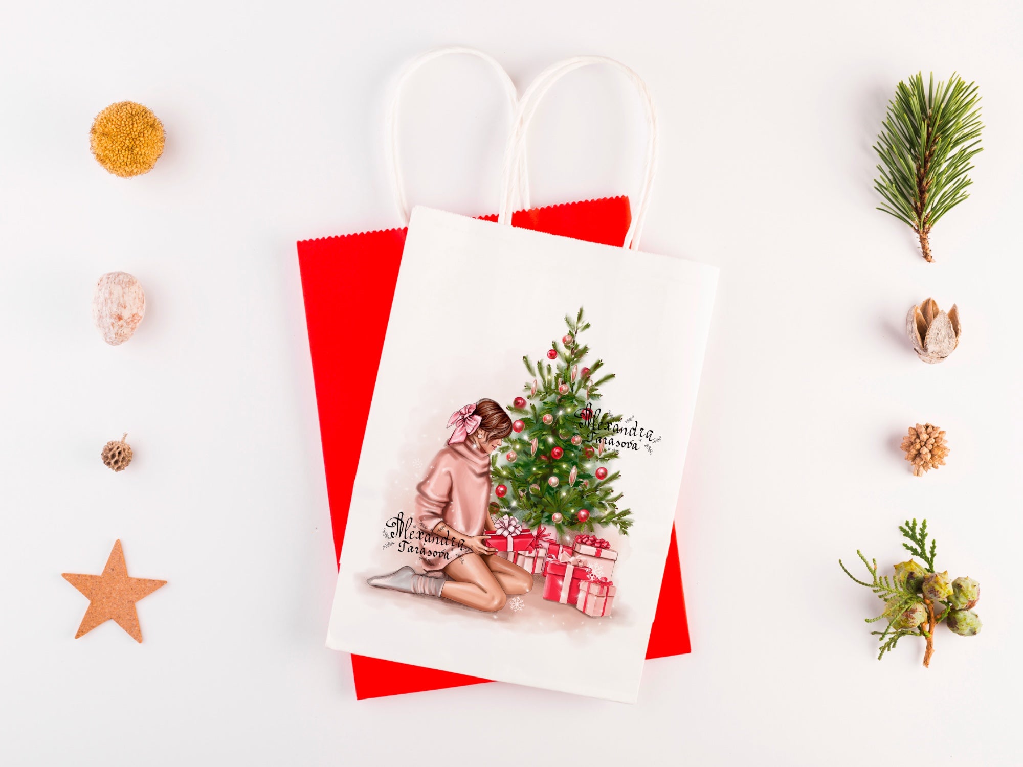 Digital Watercolor Illustration Fashion Girl Christmas Tree Winter New Year Gifts Trendy Hairstyles Bun Printable Art