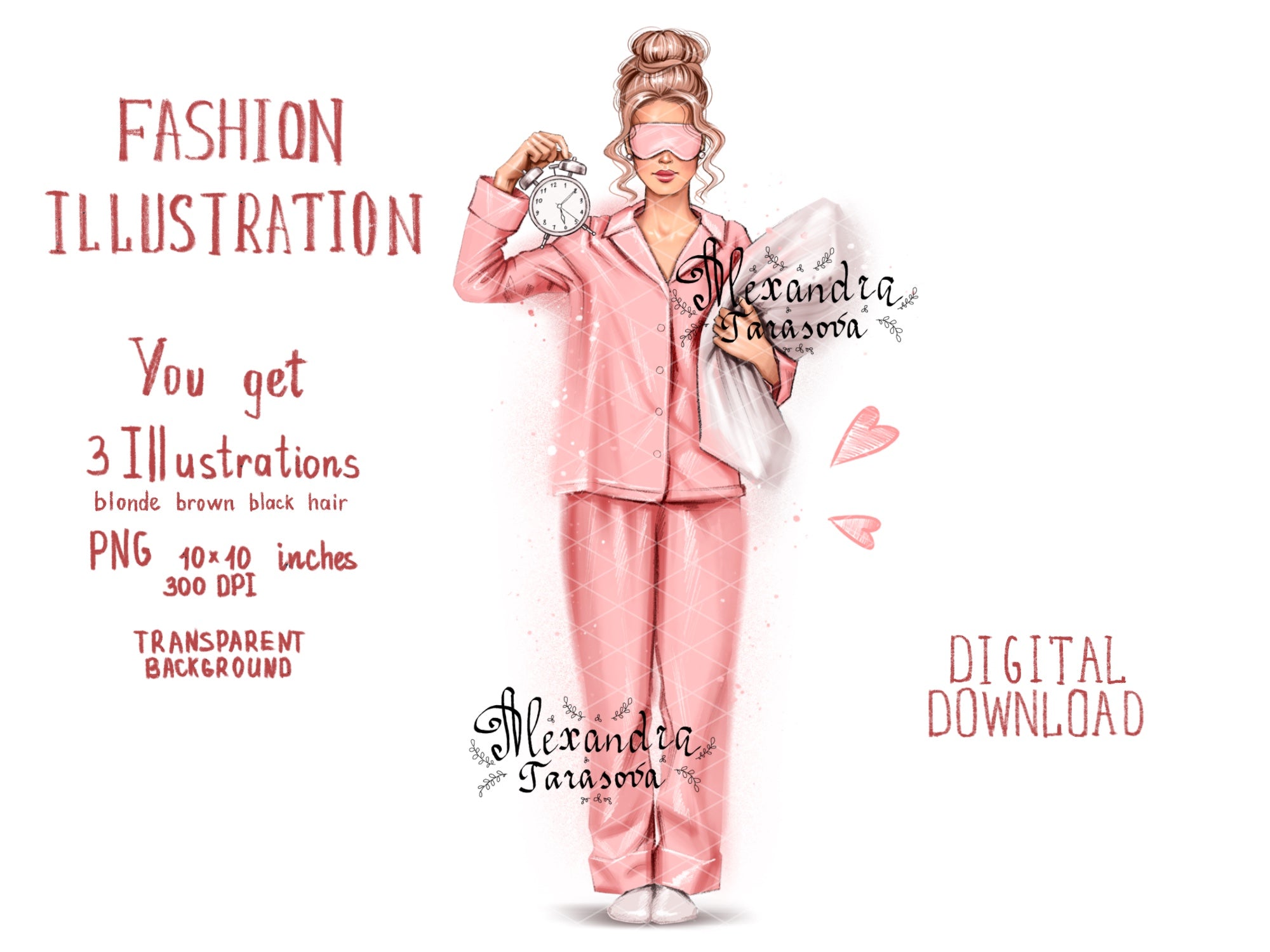 Digital Illustration Fashion Girl Trendy Pink Pajamas Stylish Bun Hairstyles Watercolor Painting Printable Art
