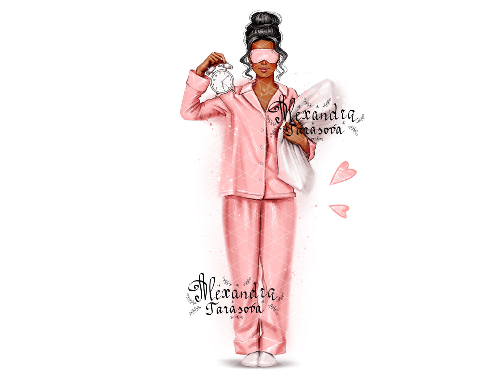 Digital Illustration Fashion Girl Trendy Pink Pajamas Stylish Bun Hairstyles Watercolor Painting Printable Art