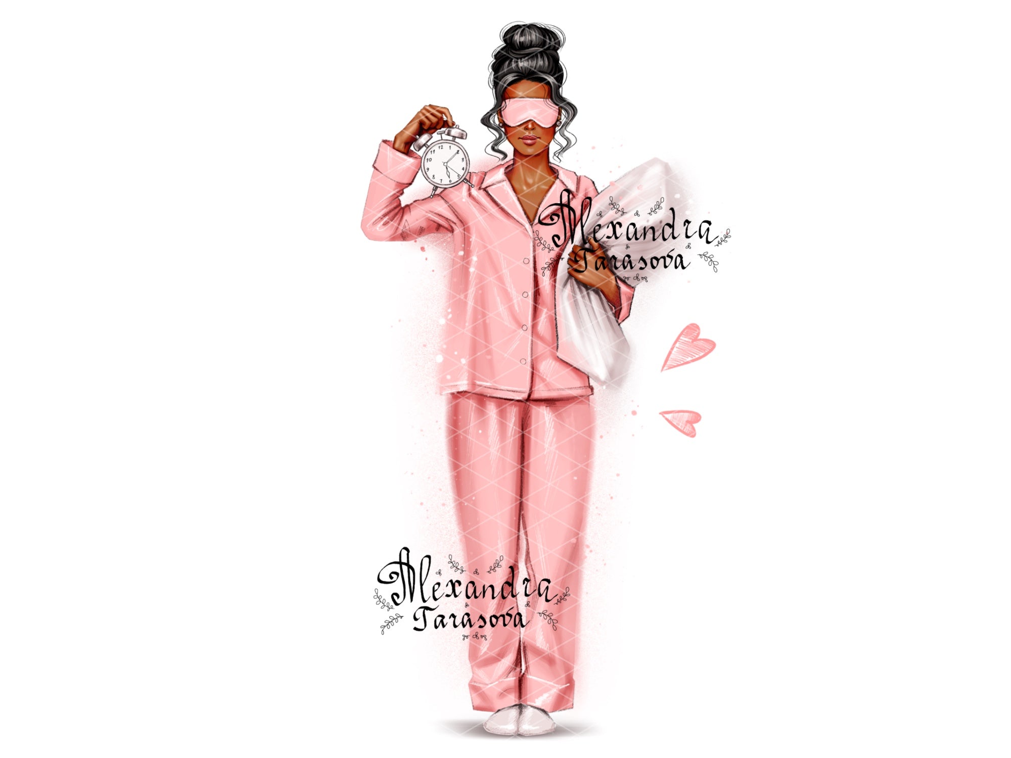 Digital Illustration Fashion Girl Trendy Pink Pajamas Stylish Bun Hairstyles Watercolor Painting Printable Art