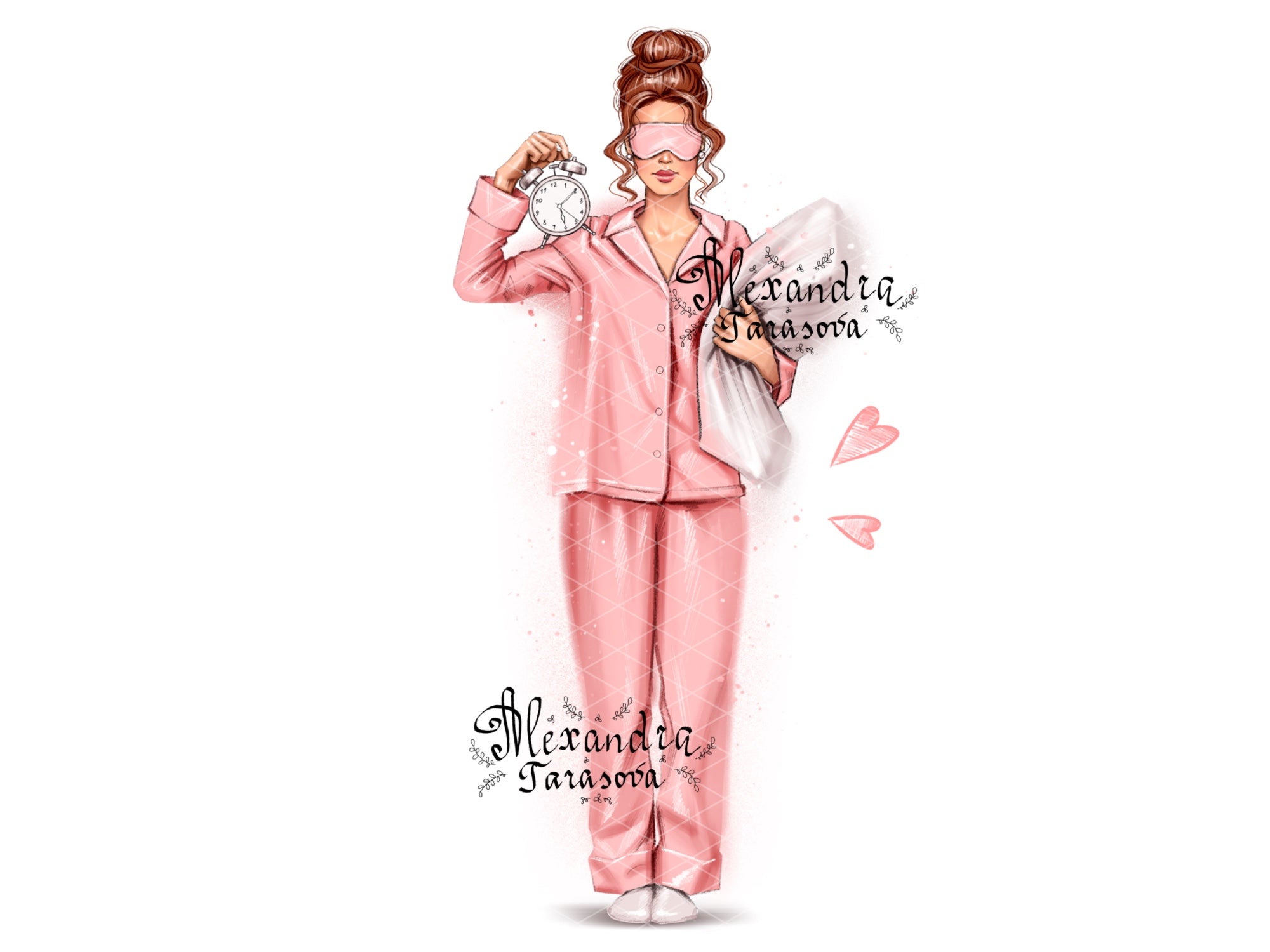 Digital Illustration Fashion Girl Trendy Pink Pajamas Stylish Bun Hairstyles Watercolor Painting Printable Art
