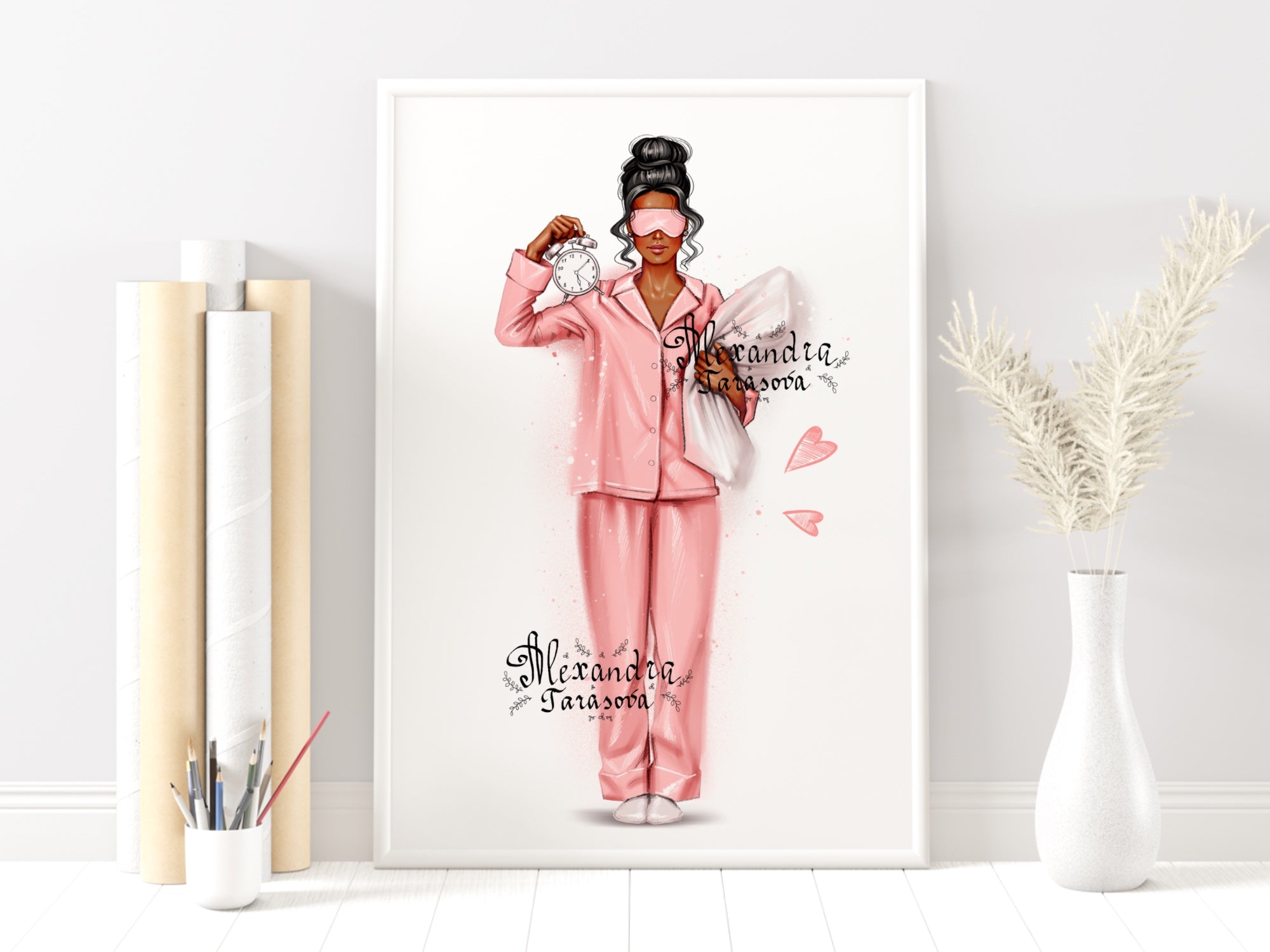 Digital Illustration Fashion Girl Trendy Pink Pajamas Stylish Bun Hairstyles Watercolor Painting Printable Art