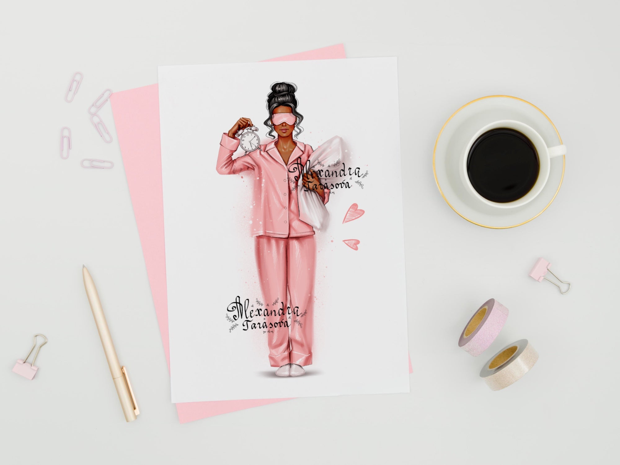 Digital Illustration Fashion Girl Trendy Pink Pajamas Stylish Bun Hairstyles Watercolor Painting Printable Art