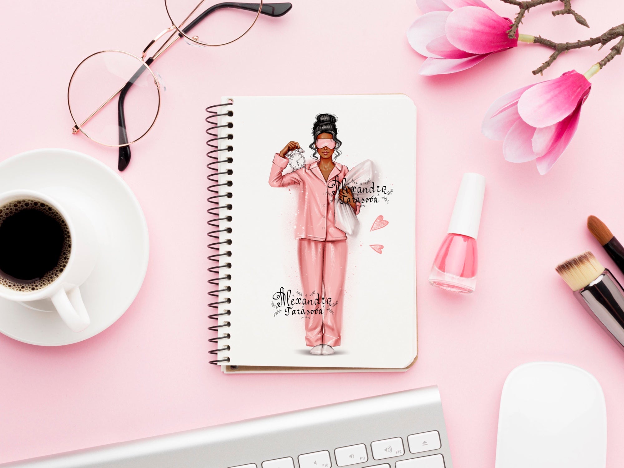 Digital Illustration Fashion Girl Trendy Pink Pajamas Stylish Bun Hairstyles Watercolor Painting Printable Art