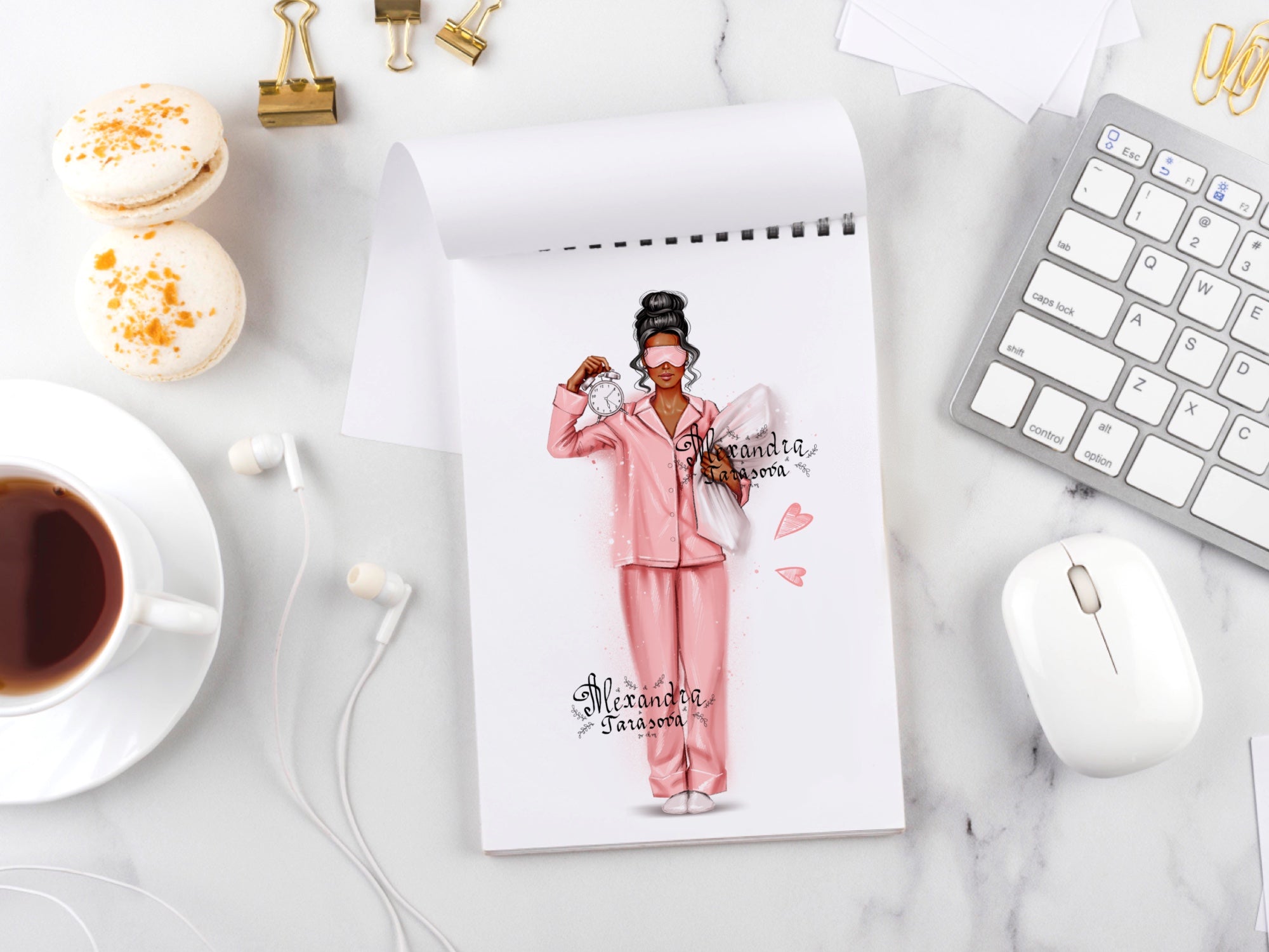 Digital Illustration Fashion Girl Trendy Pink Pajamas Stylish Bun Hairstyles Watercolor Painting Printable Art