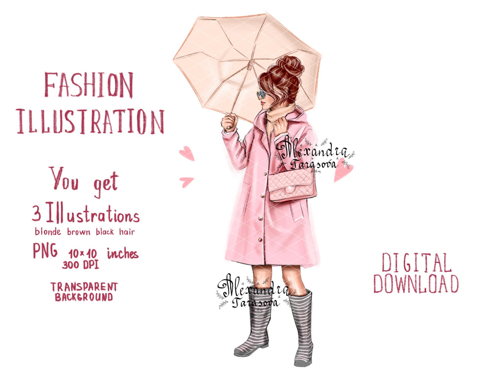 Digital watercolor illustration instant download fashion spring autumn girl art