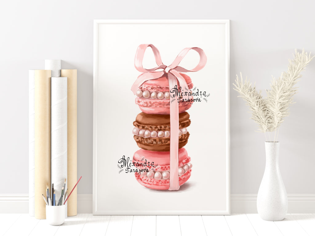Digital Watercolor Illustration Trendy Cupcake Pink Cream Stylish Macaroons Black Chocolate Printable Art