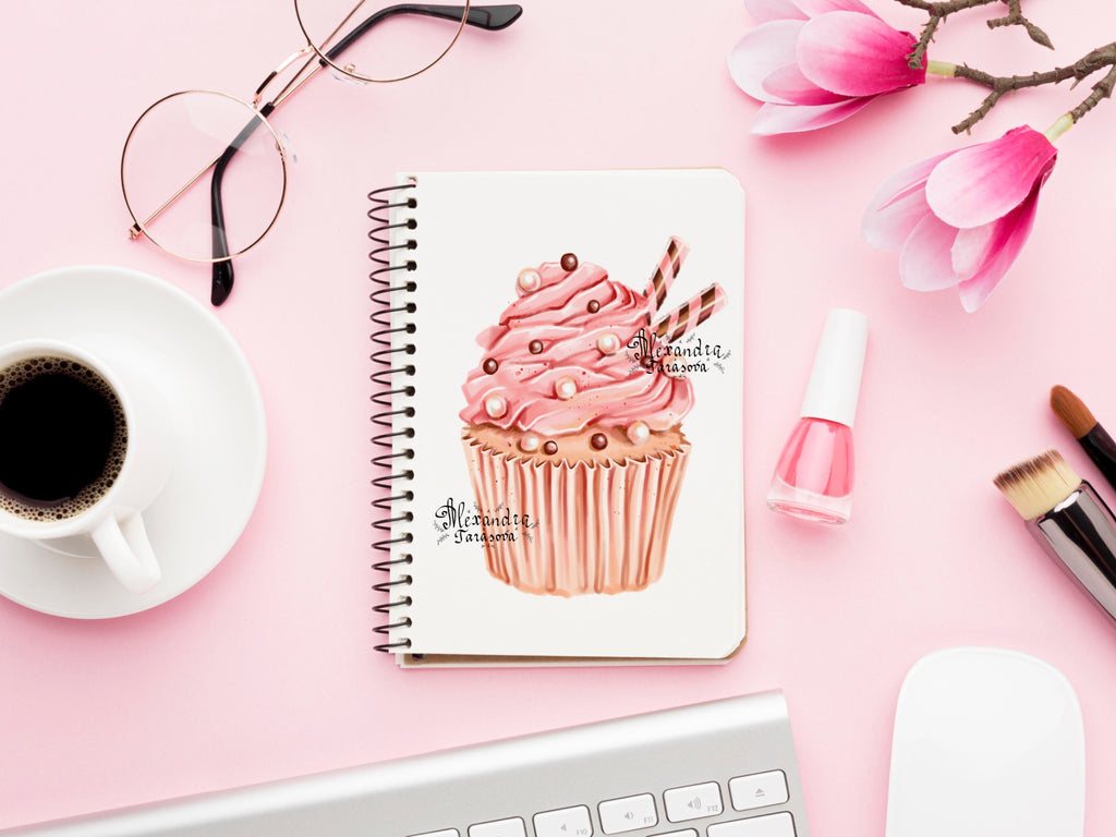 Digital Watercolor Illustration Trendy Cupcake Pink Cream Stylish Macaroons Black Chocolate Printable Art