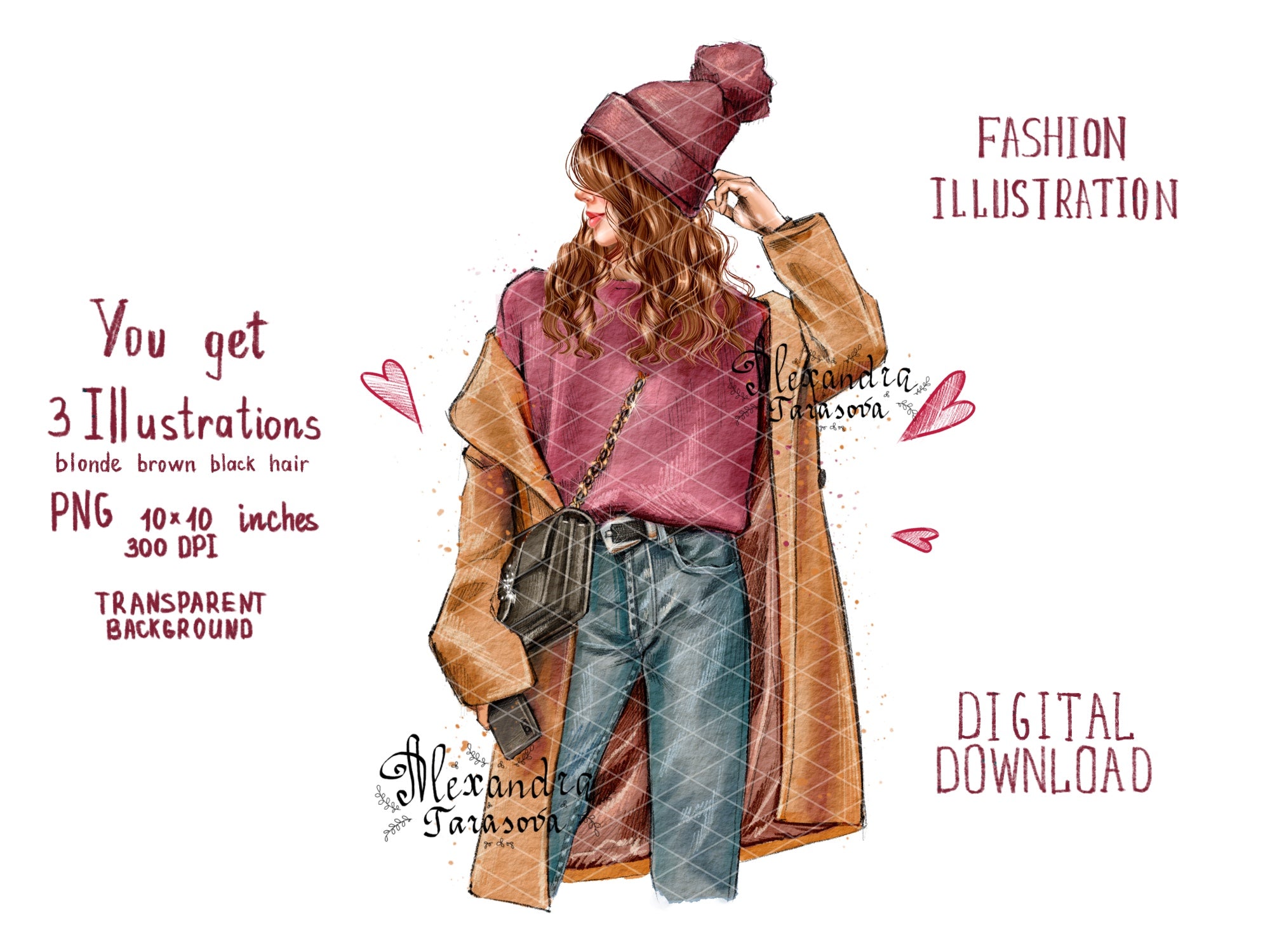 Digital Illustration Fashion Girl Stylish Cap Trendy Hairstyles Autumn Spring Watercolor Painting Printable Art