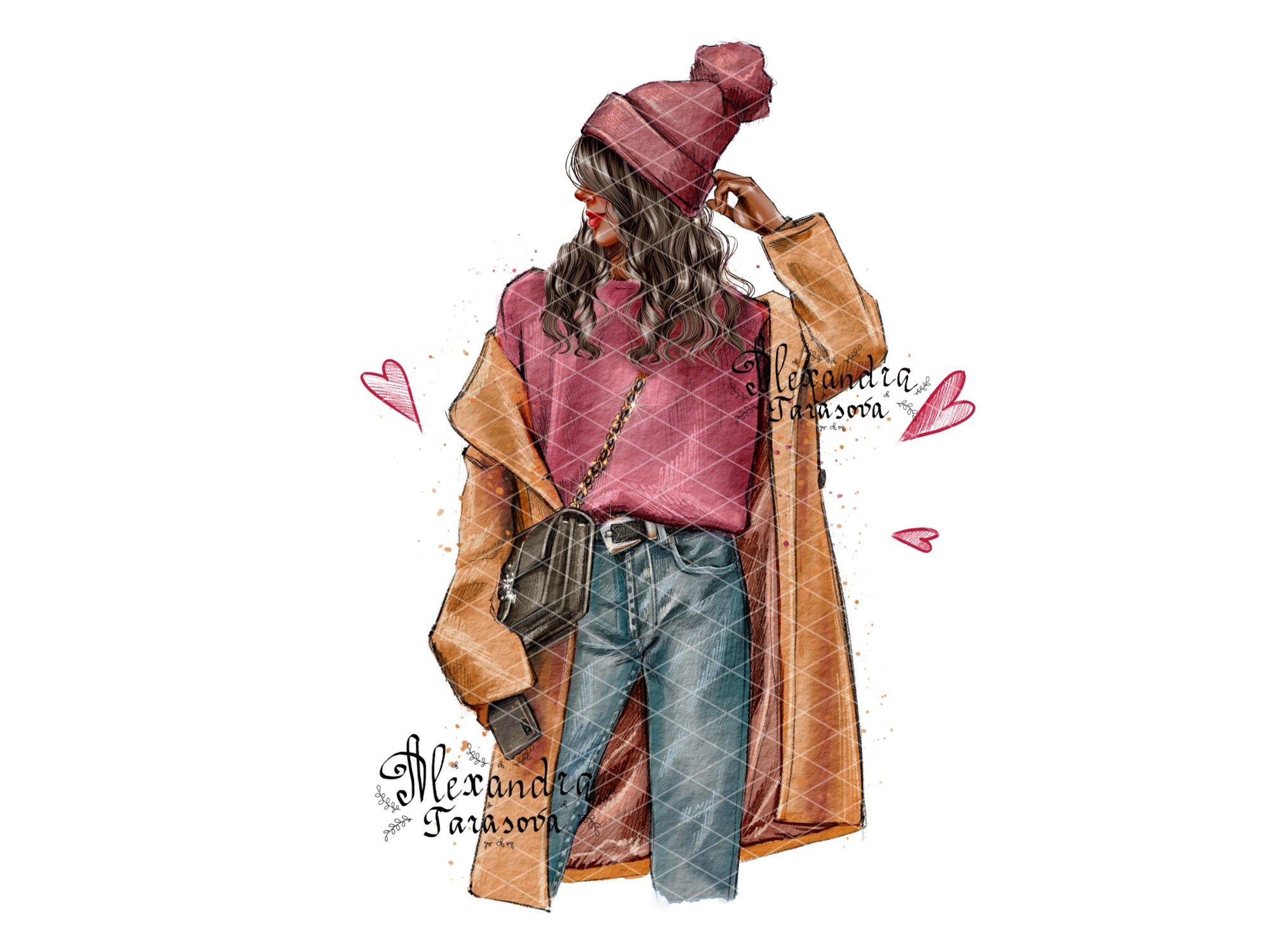 Digital Illustration Fashion Girl Stylish Cap Trendy Hairstyles Autumn Spring Watercolor Painting Printable Art