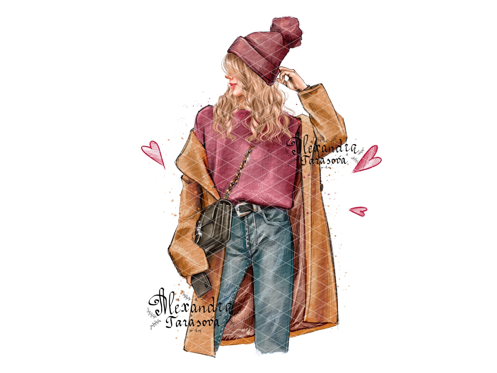 Digital Illustration Fashion Girl Stylish Cap Trendy Hairstyles Autumn Spring Watercolor Painting Printable Art