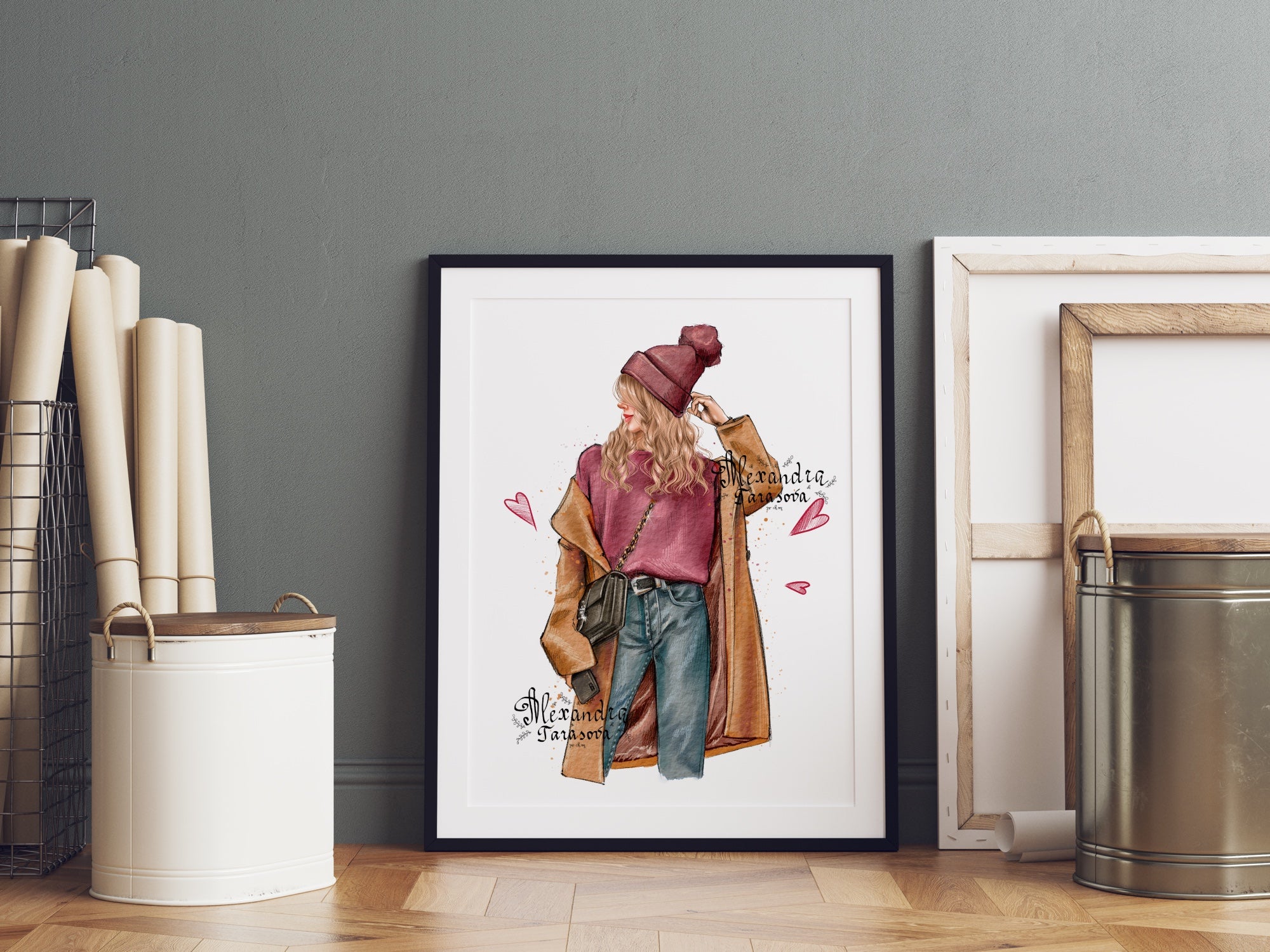 Digital Illustration Fashion Girl Stylish Cap Trendy Hairstyles Autumn Spring Watercolor Painting Printable Art