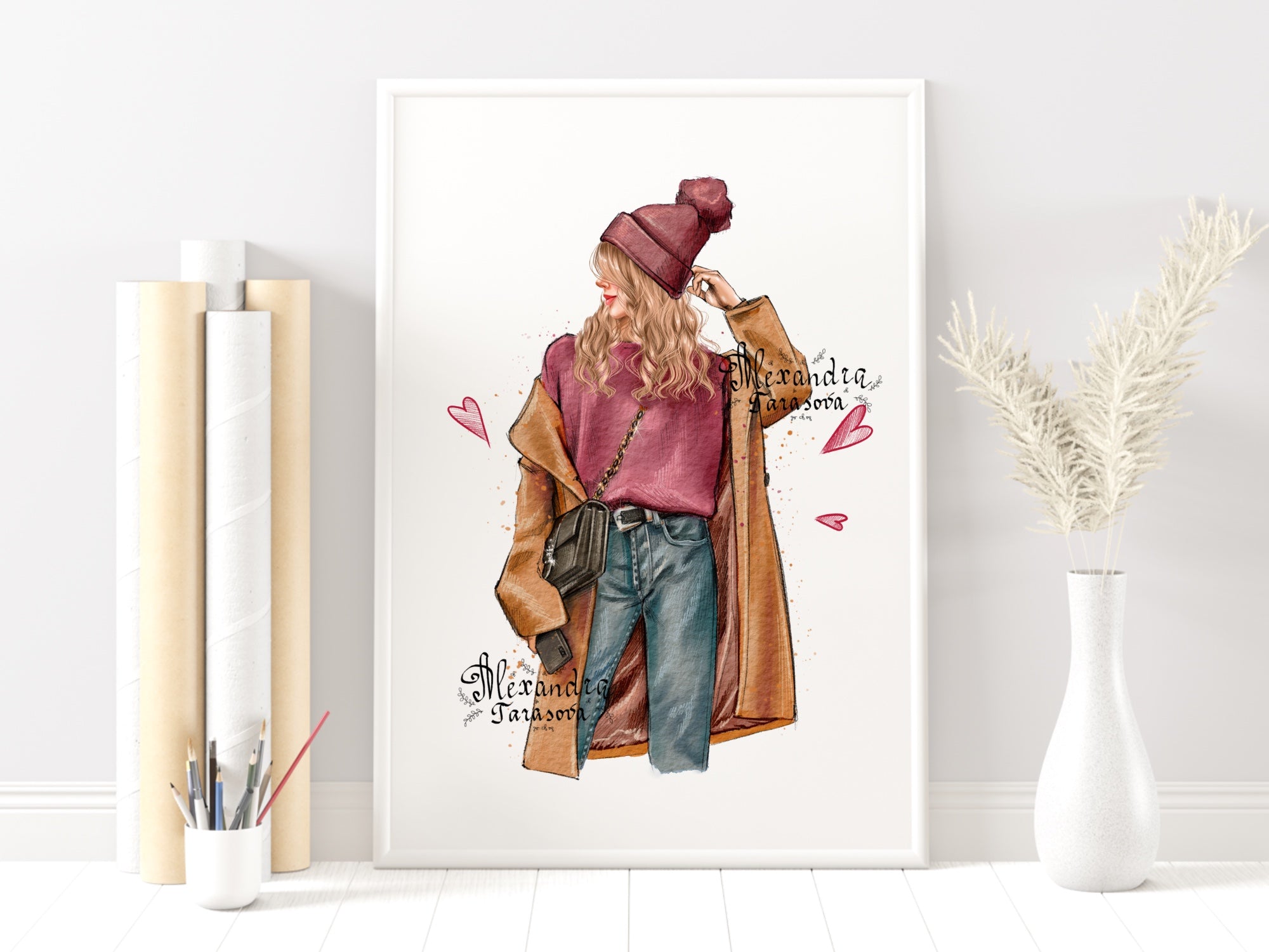 Digital Illustration Fashion Girl Stylish Cap Trendy Hairstyles Autumn Spring Watercolor Painting Printable Art