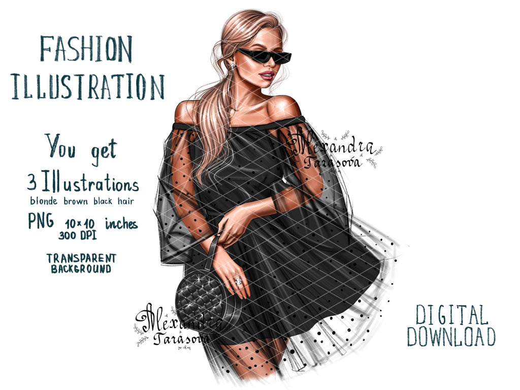 Digital Illustration Fashion Girl Black Dress Tutu Black Boss Girl Trendy Hairstyles Ponytail Watercolor Painting Printable Art