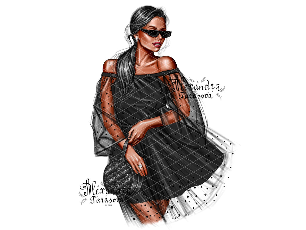 Digital Illustration Fashion Girl Black Dress Tutu Black Boss Girl Trendy Hairstyles Ponytail Watercolor Painting Printable Art