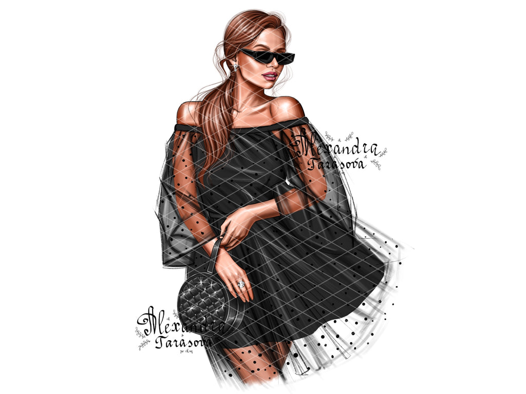 Digital Illustration Fashion Girl Black Dress Tutu Black Boss Girl Trendy Hairstyles Ponytail Watercolor Painting Printable Art