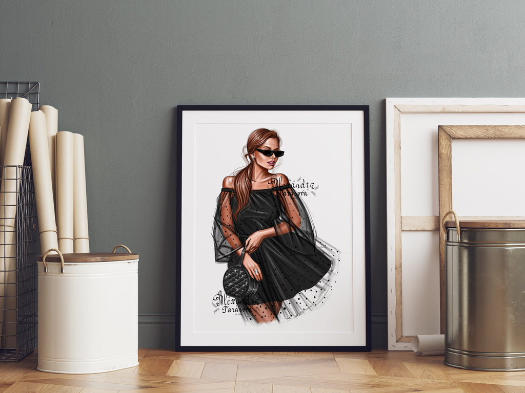 Digital Illustration Fashion Girl Black Dress Tutu Black Boss Girl Trendy Hairstyles Ponytail Watercolor Painting Printable Art