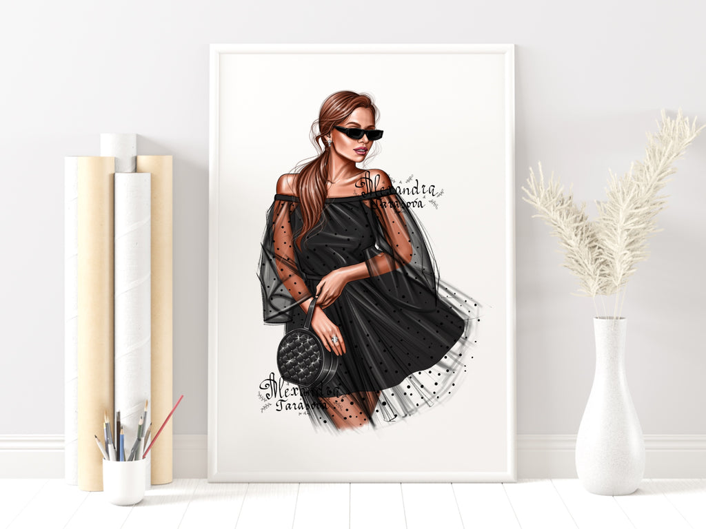 Digital Illustration Fashion Girl Black Dress Tutu Black Boss Girl Trendy Hairstyles Ponytail Watercolor Painting Printable Art