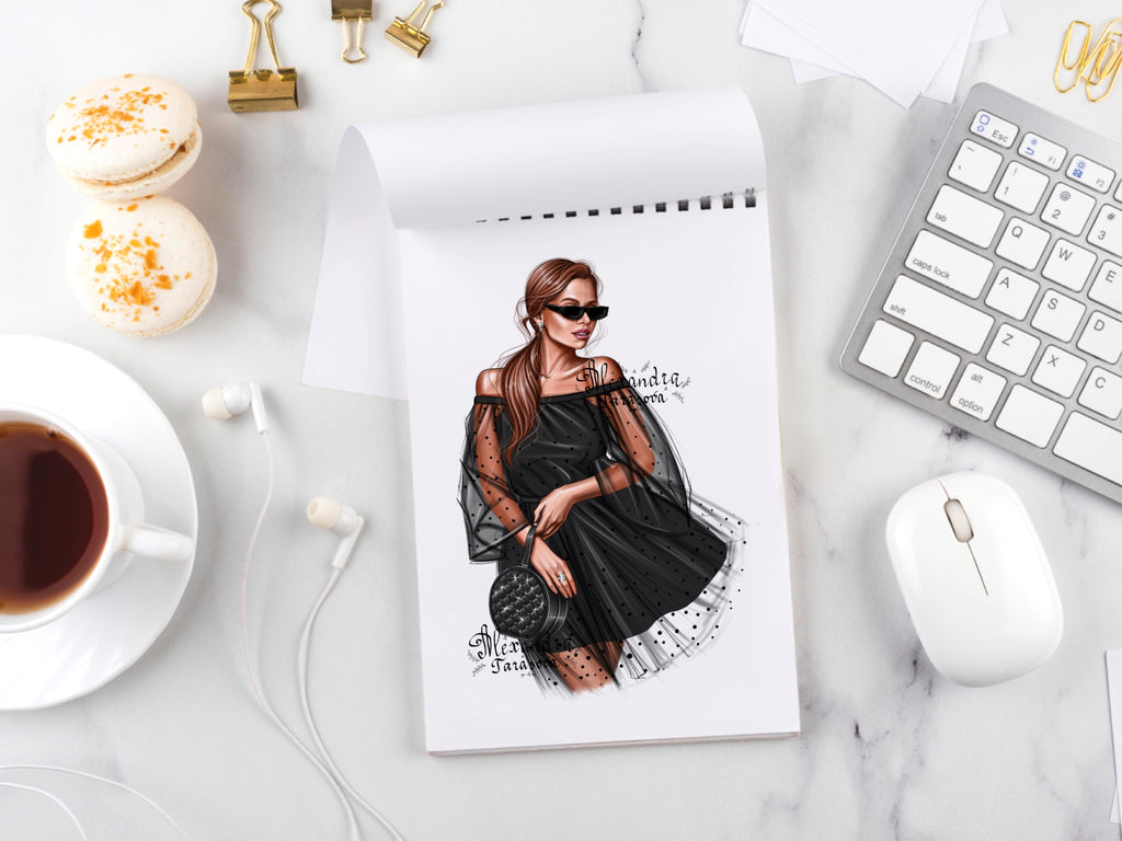 Digital Illustration Fashion Girl Black Dress Tutu Black Boss Girl Trendy Hairstyles Ponytail Watercolor Painting Printable Art