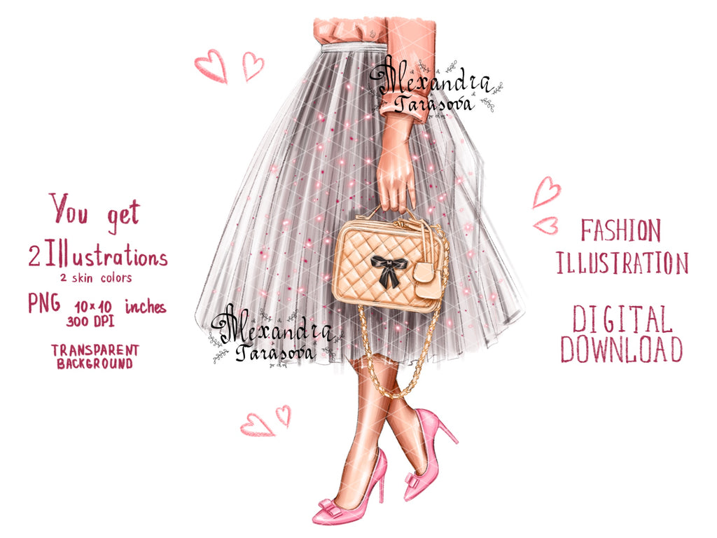 Digital Watercolor Illustration Trendy Skirt Tutu Stylish Pink Bag Fashion Dress Black Boss Girl Printable Art