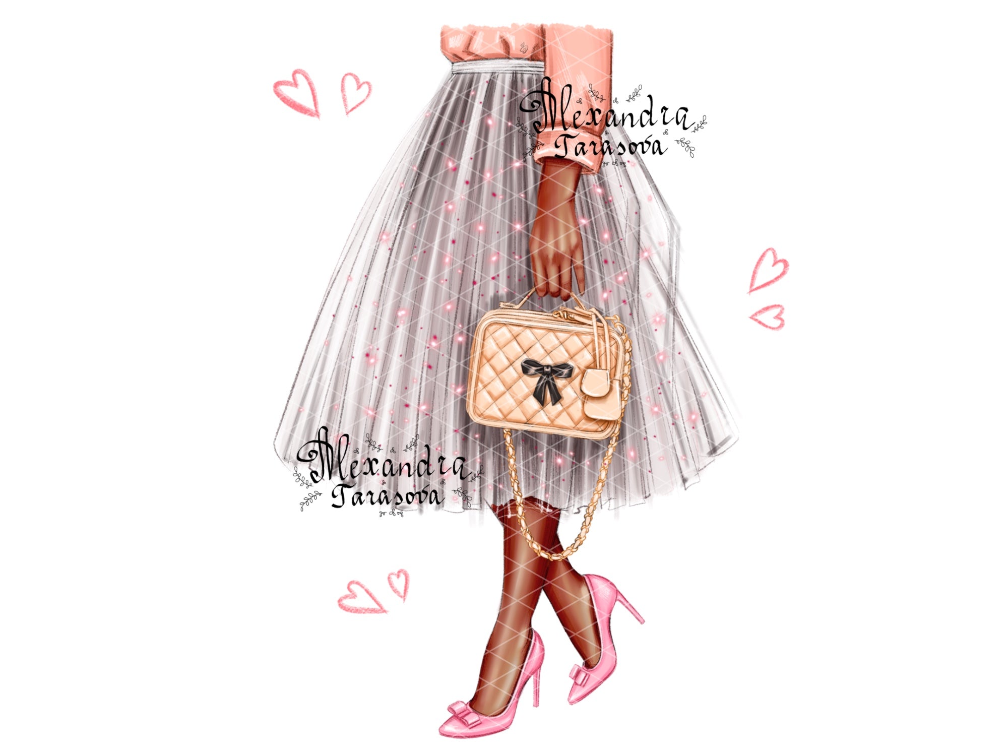Digital Watercolor Illustration Trendy Skirt Tutu Stylish Pink Bag Fashion Dress Black Boss Girl Printable Art