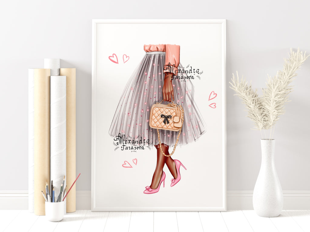 Digital Watercolor Illustration Trendy Skirt Tutu Stylish Pink Bag Fashion Dress Black Boss Girl Printable Art