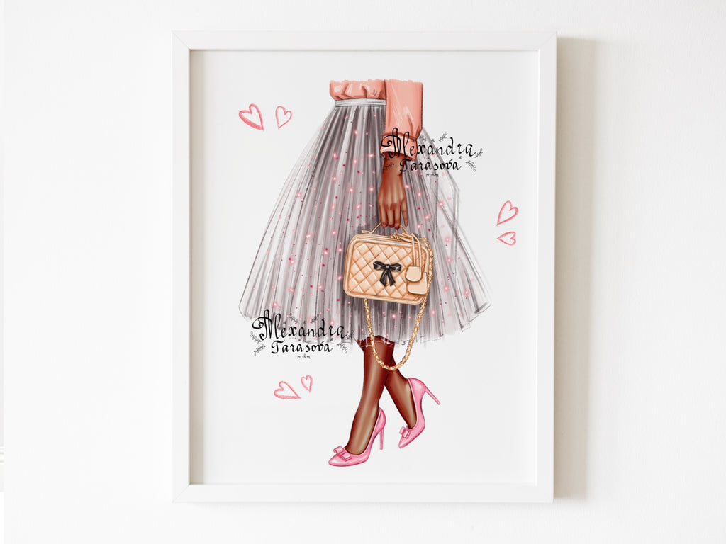 Digital Watercolor Illustration Trendy Skirt Tutu Stylish Pink Bag Fashion Dress Black Boss Girl Printable Art