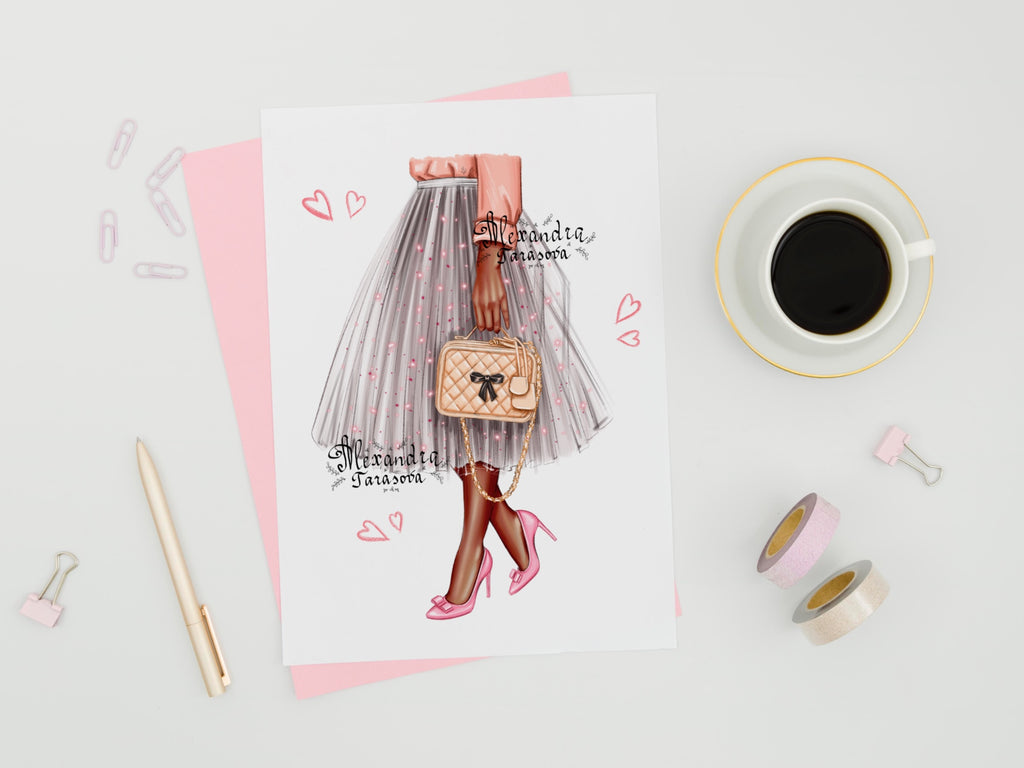 Digital Watercolor Illustration Trendy Skirt Tutu Stylish Pink Bag Fashion Dress Black Boss Girl Printable Art