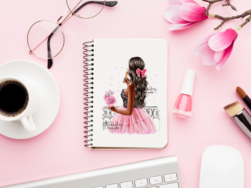 Digital Watercolor Illustration Fashion Girl Trendy Hairstyles Wavy Long Hair Stylish Pink Skirt Tutu Printable Art